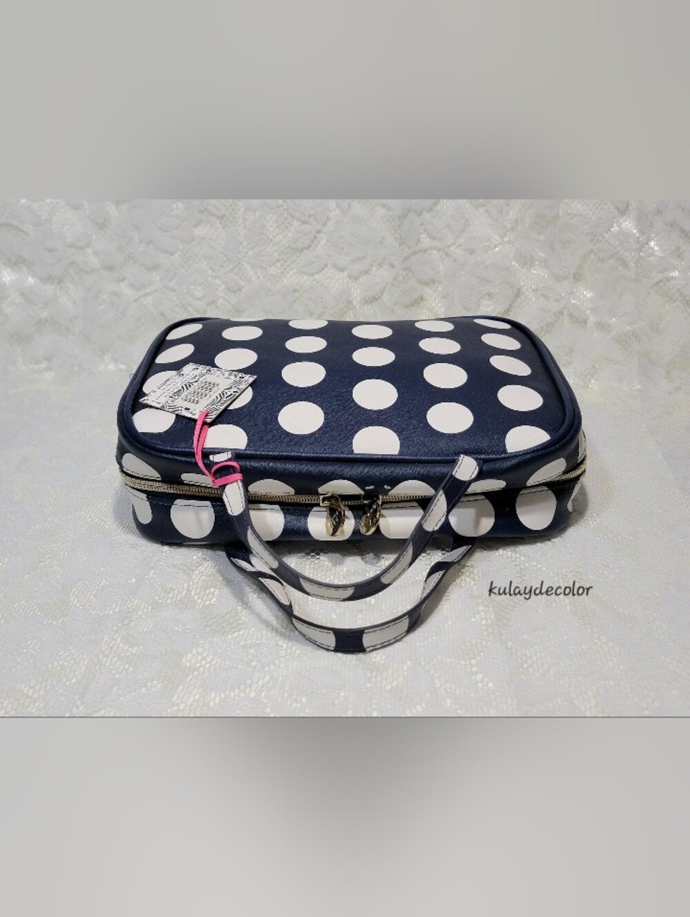 Dabney Lee Navy Blue White Polka Dot Cosmetic Travel Large Toiletry Bag Zip Tote - Picture 12 of 16